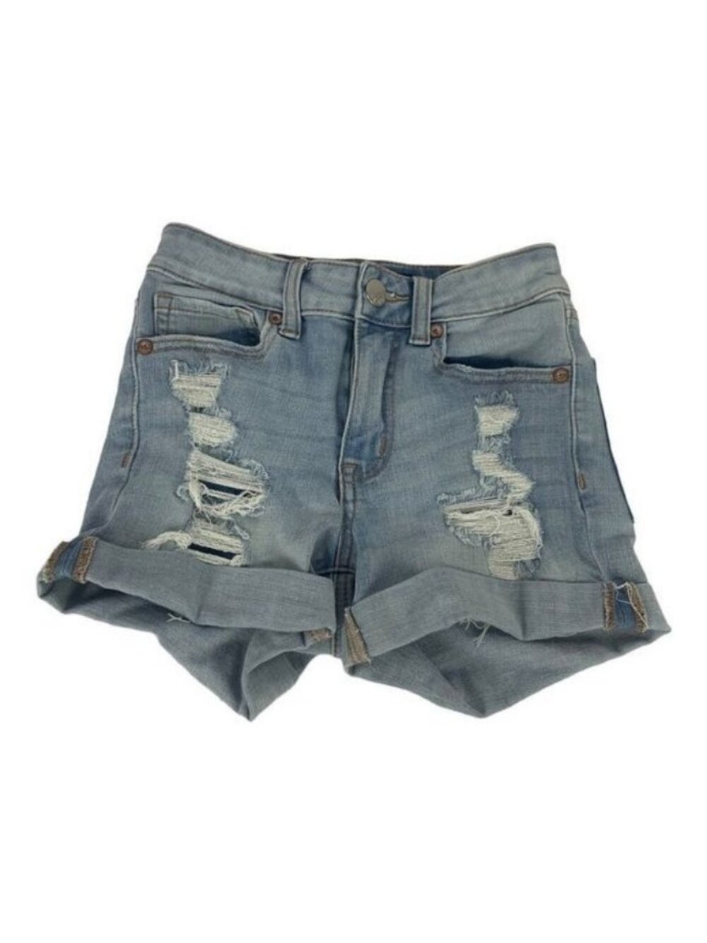 Aeropostale High Rise Midi Womens Denim Shorts Size 00 Distressed Stretch Casual